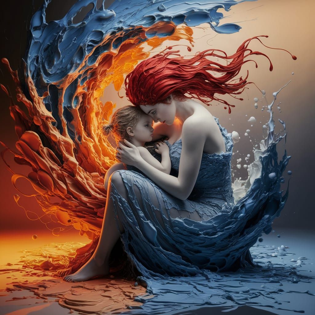 Red-Haired Woman and Child Impasto Painting