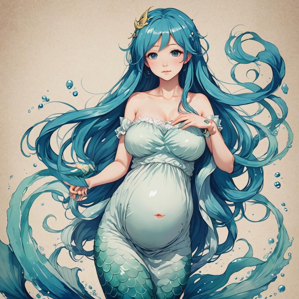 Pregnant Anime Mermaid with Blue Hair