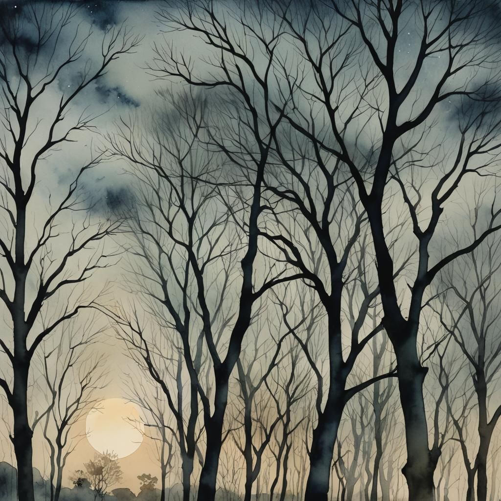 Moonlit Trees in Watercolour Style