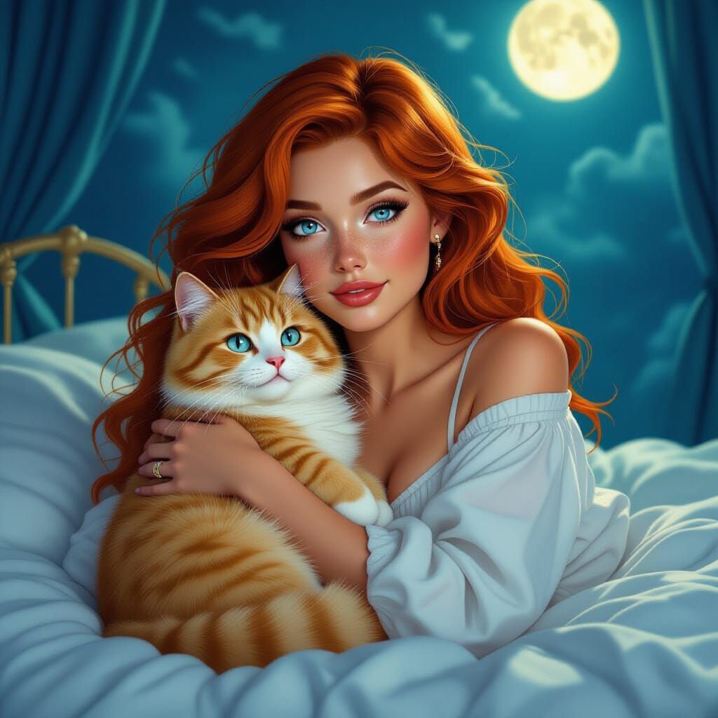Red Haired Woman with Cat in Moonlit Scene