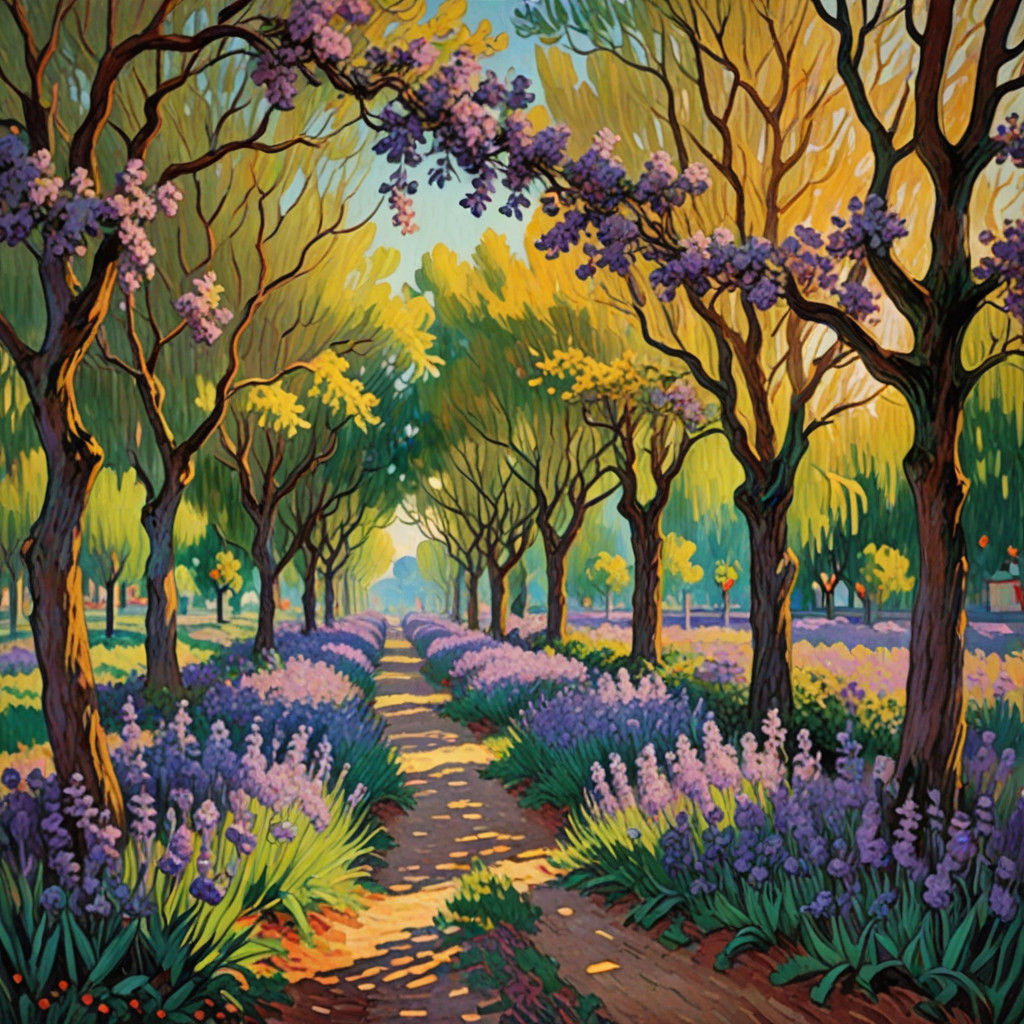 Vibrant Jacaranda Street in Impressionist Oil Painting