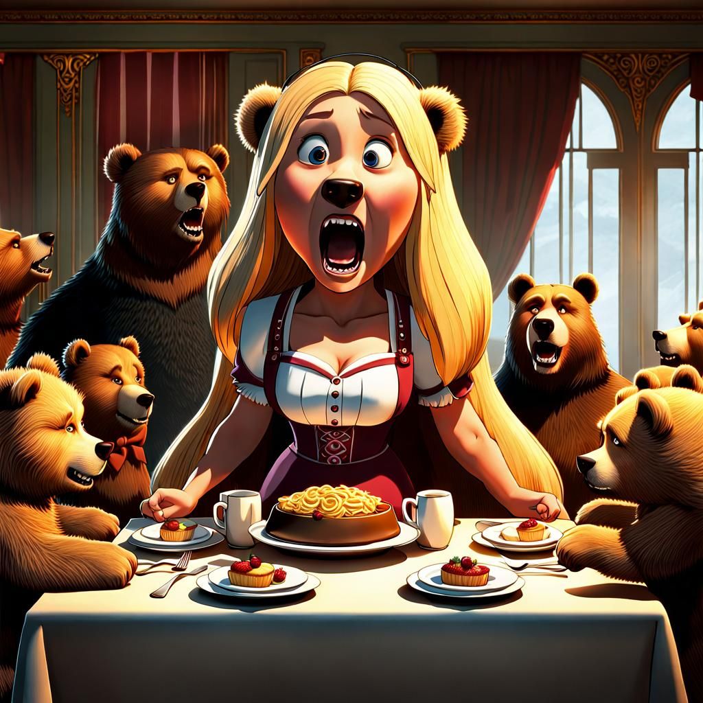 Goldilocks and the three bears. Massively tall human female girl goldilocks is an extremely evil scary posessed evil gia...