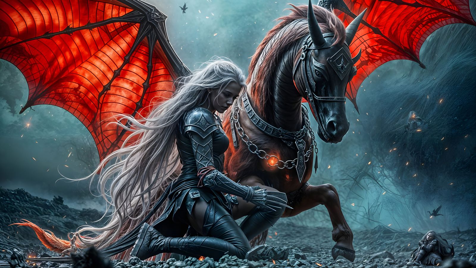 Ethereal Warrior Binds Haunted Unicorn in Dark Fantasy Realm