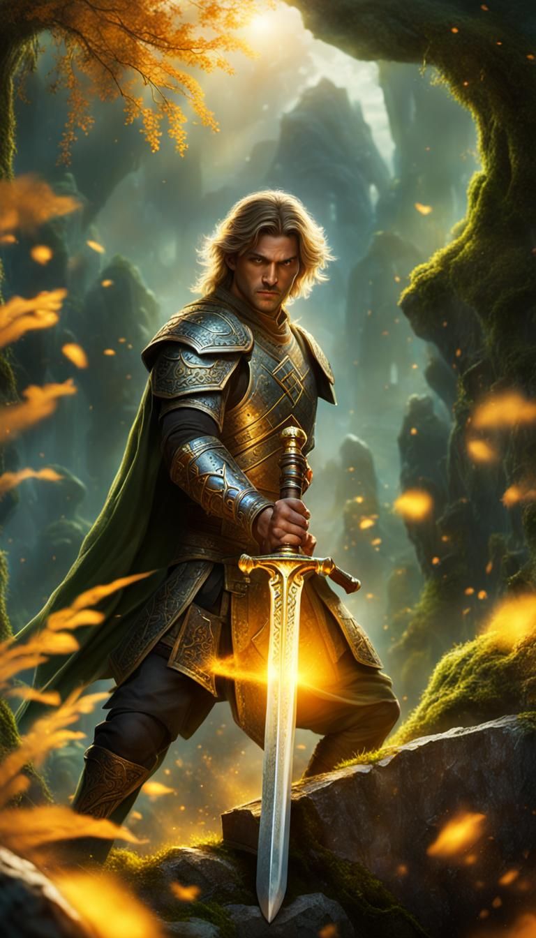 Arcane Sword Pulled From Stone: Fantasy Oil Painting