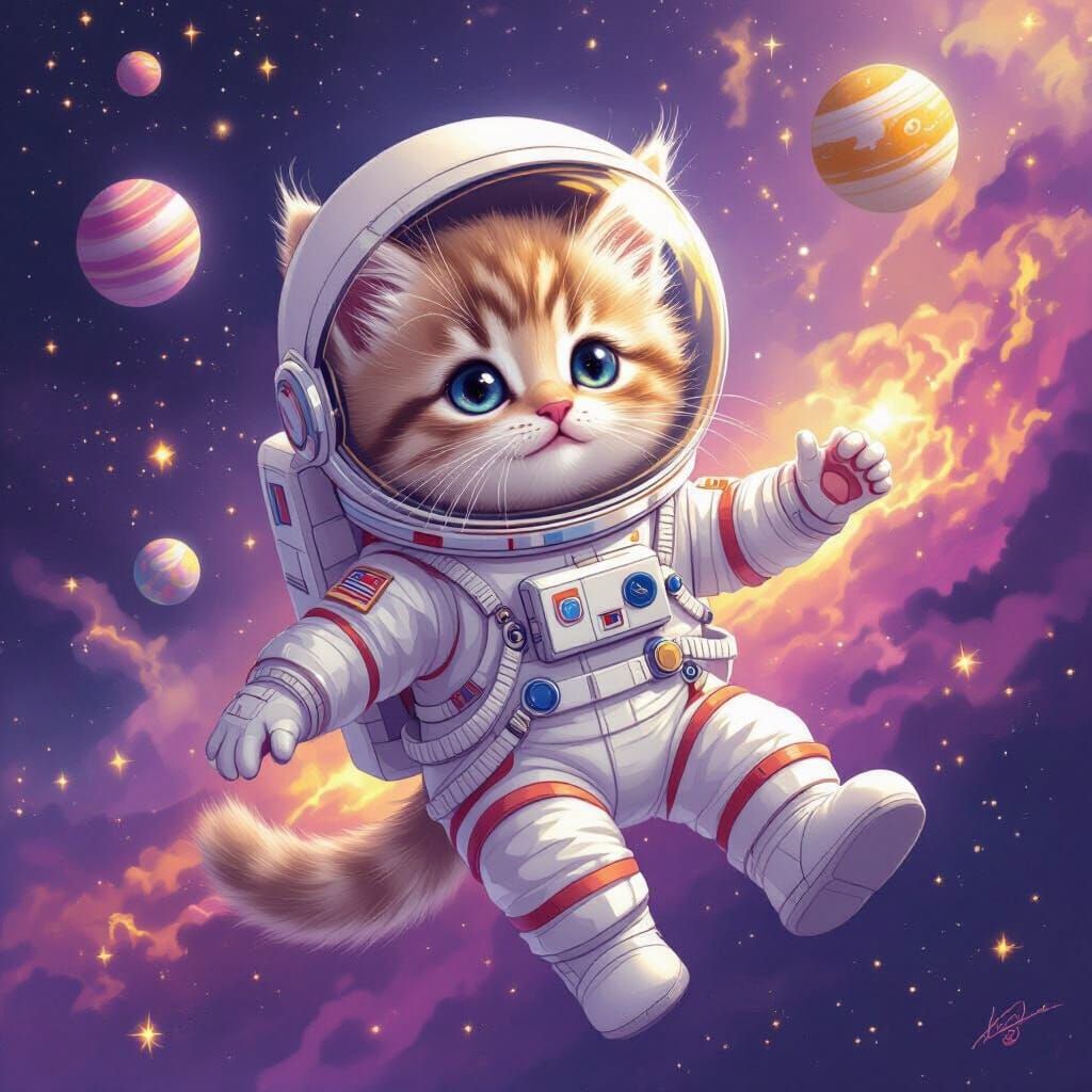 Kitten Astronaut Floating Among Nebulae in Space