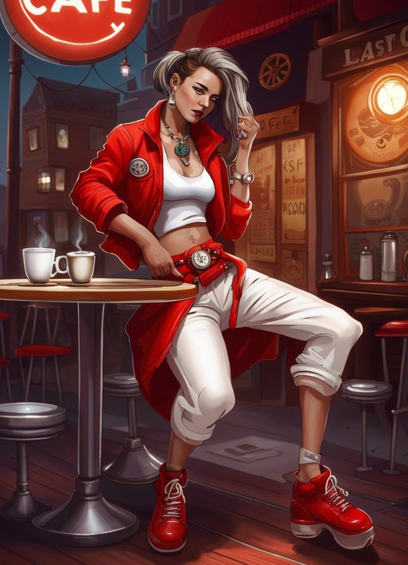 Breakdancing Woman in Steampunk Cafe at Night