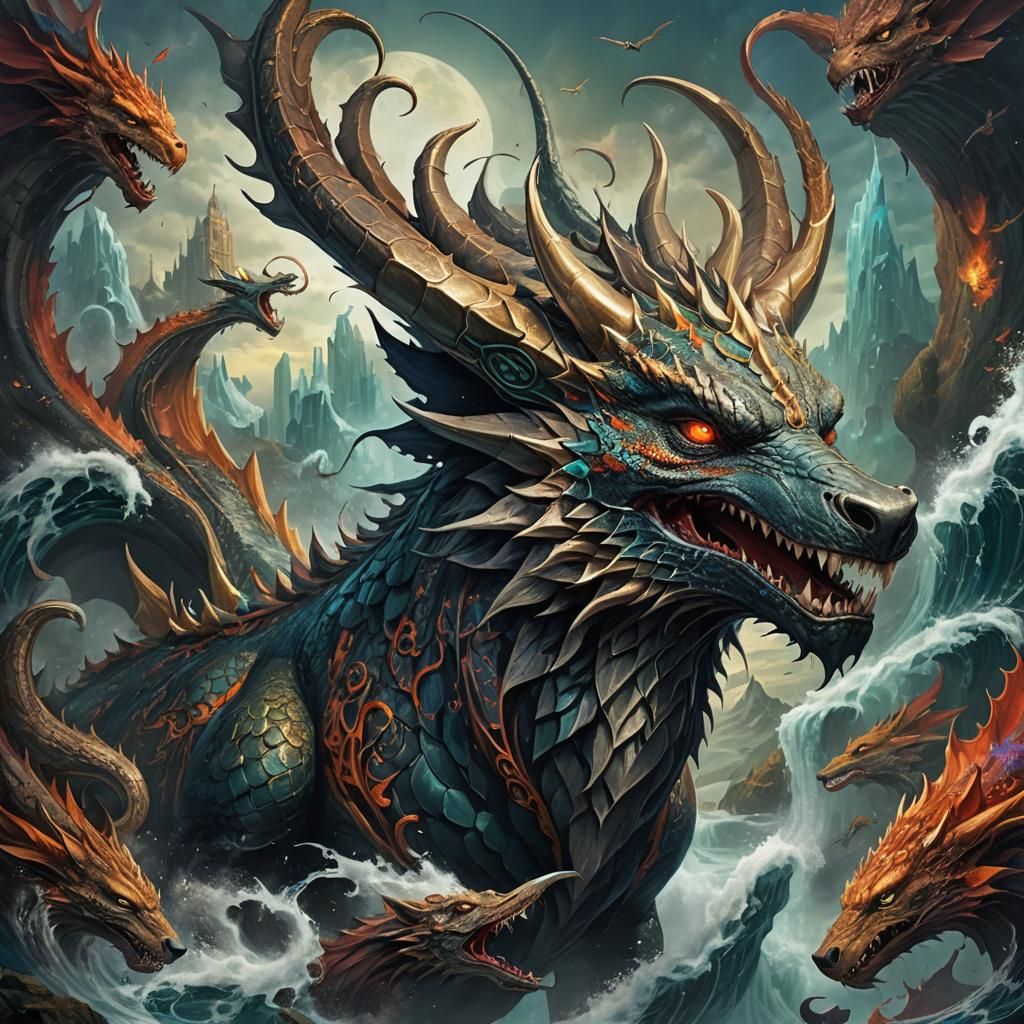 Detailed Dragon-Wolf-Phoenix Chimera in Fantasy Concept Art