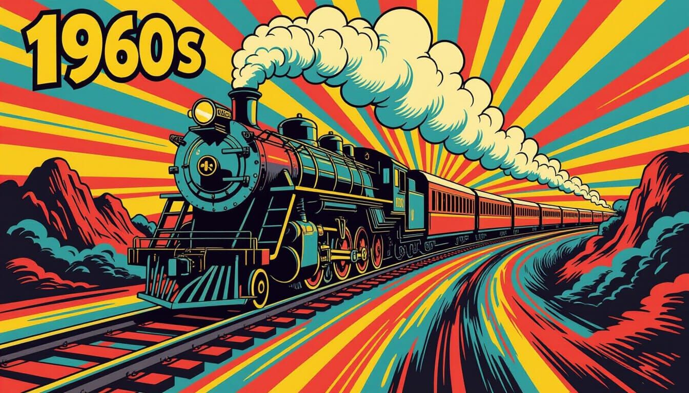 Vintage Train Speeds Through Psychedelic Landscape in 1960s ...