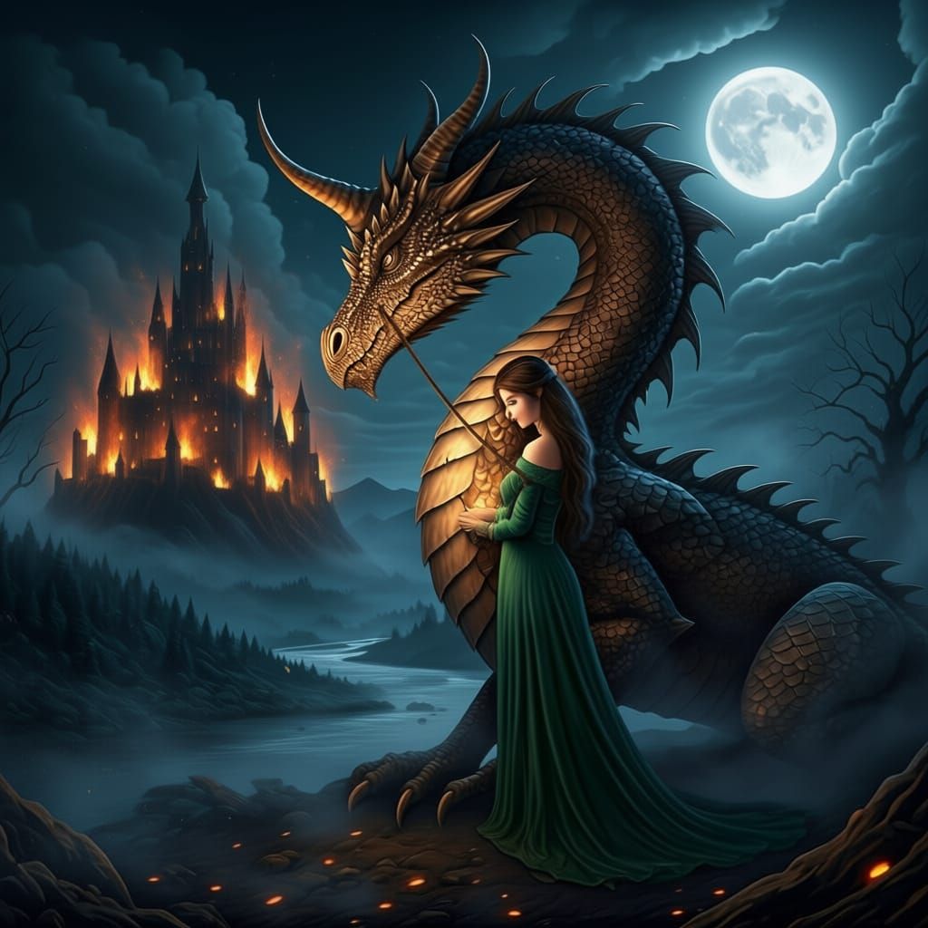 Woman on Dragon Before Castle at Night