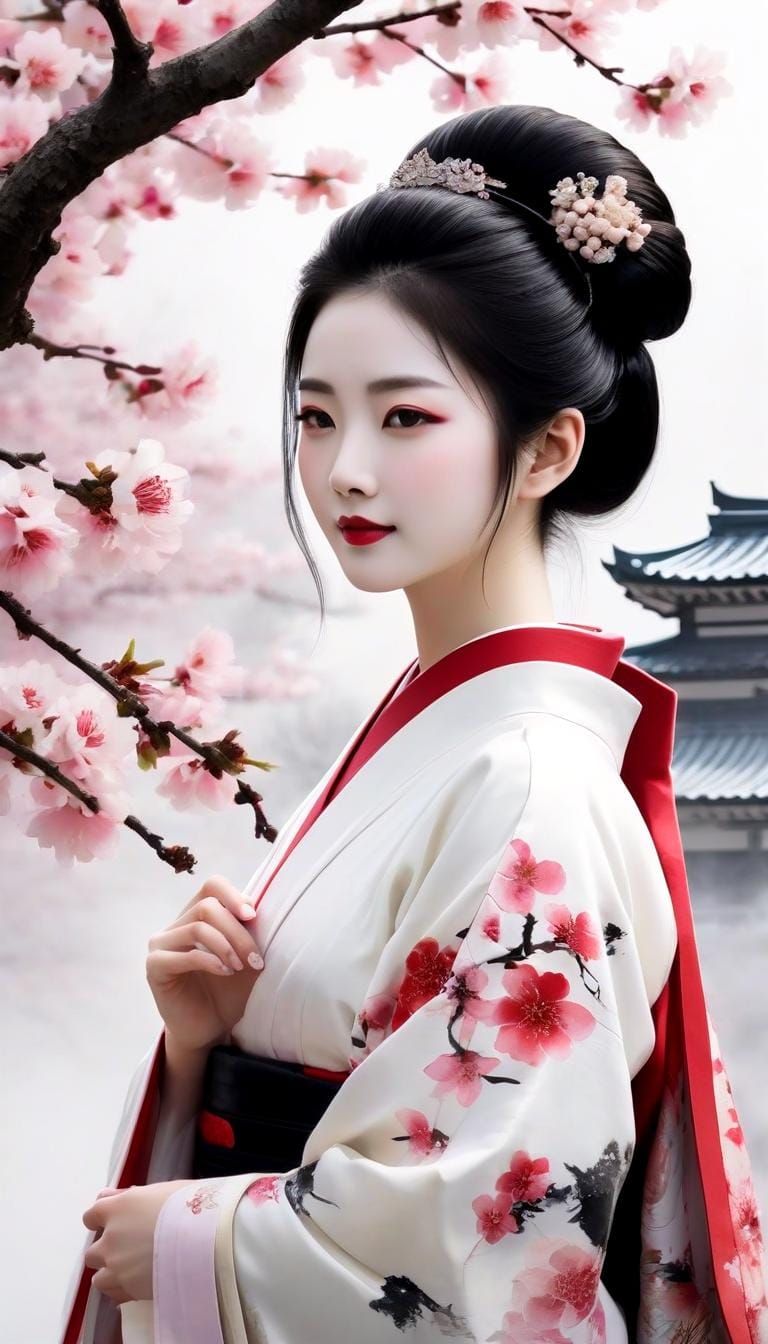 Elegant Geisha Portrait in Ink and Watercolor