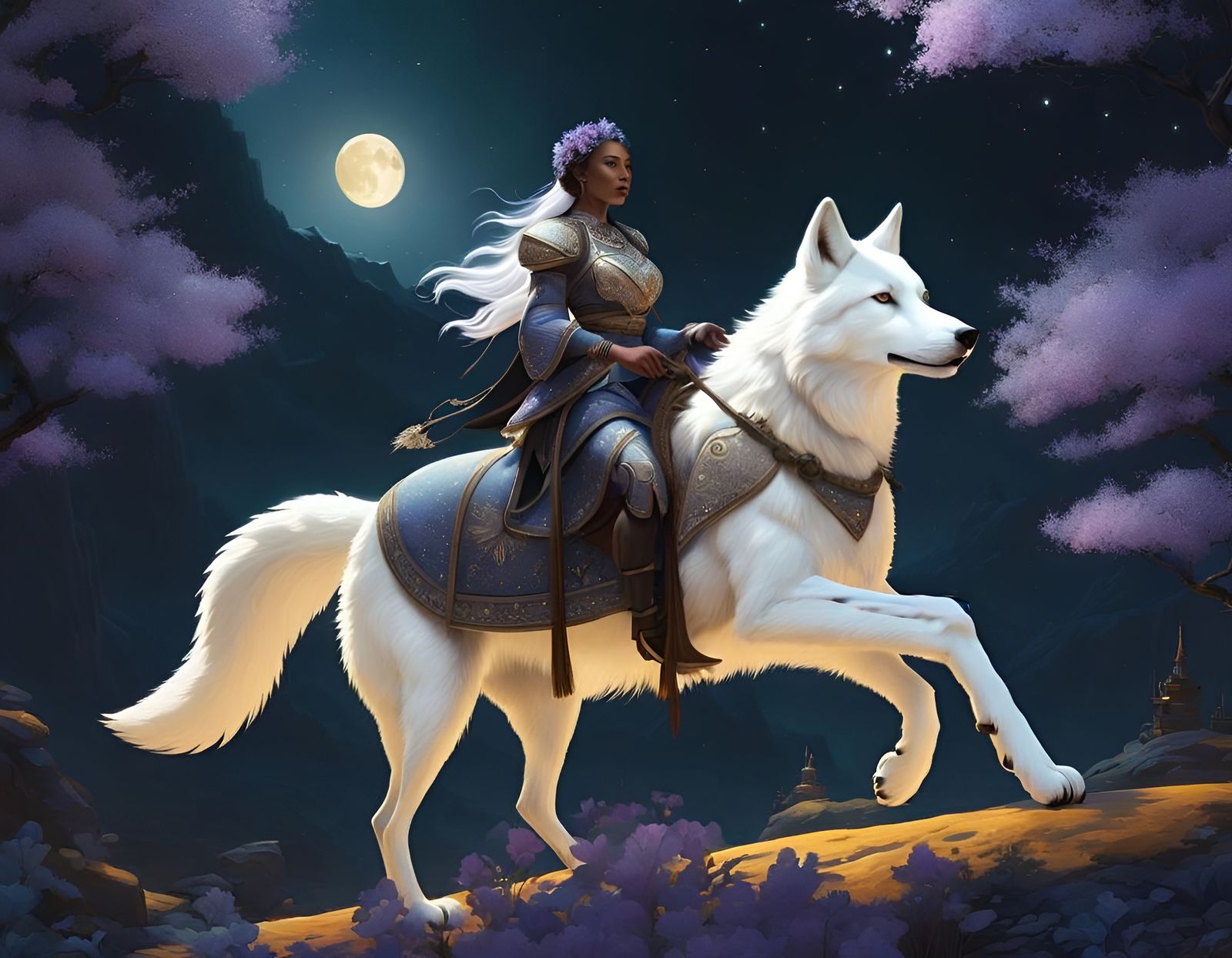 Fantasy Woman Rides White Wolf in Moonlight