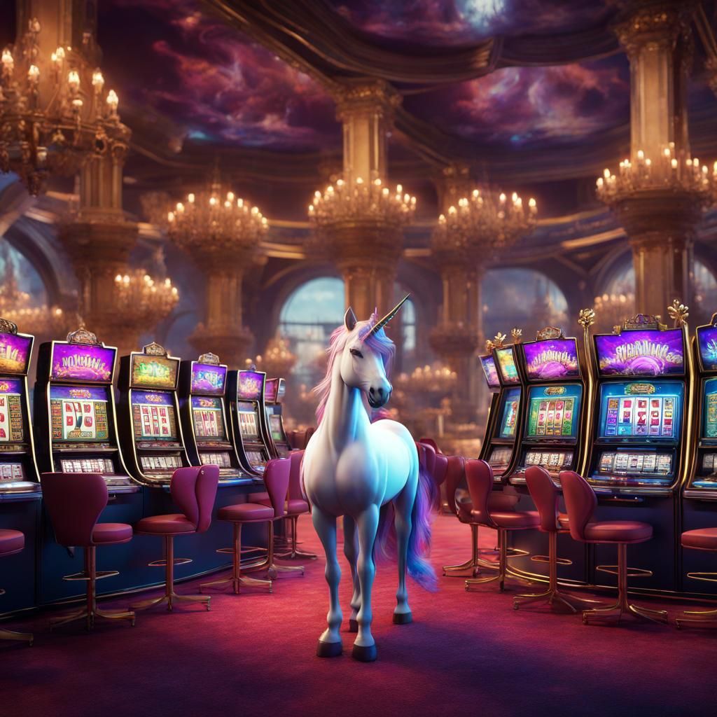Unicorns Gambling at Slot Machines: Fantasy Concept Art