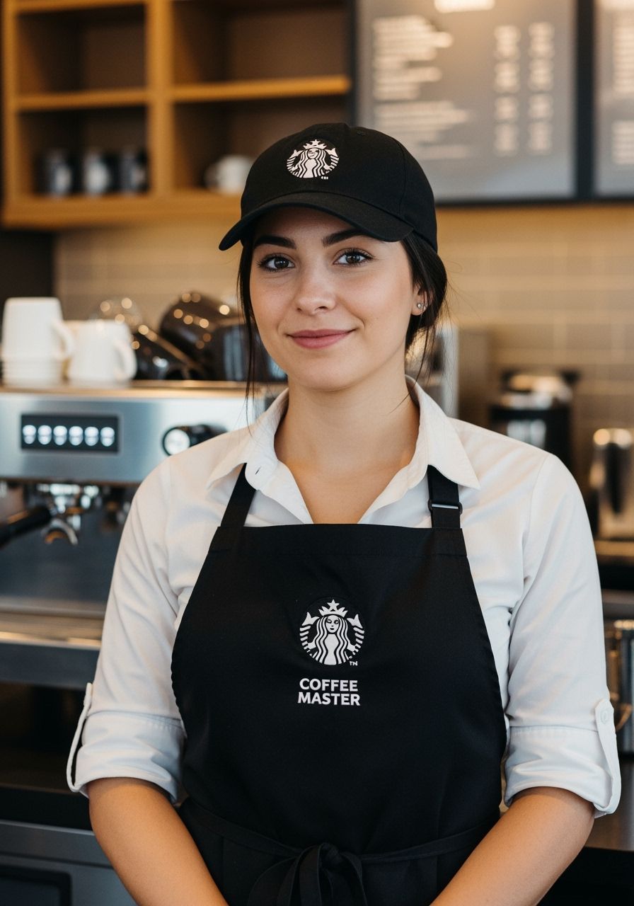 Brunette Barista Poses in Starbucks, Natural Lighting