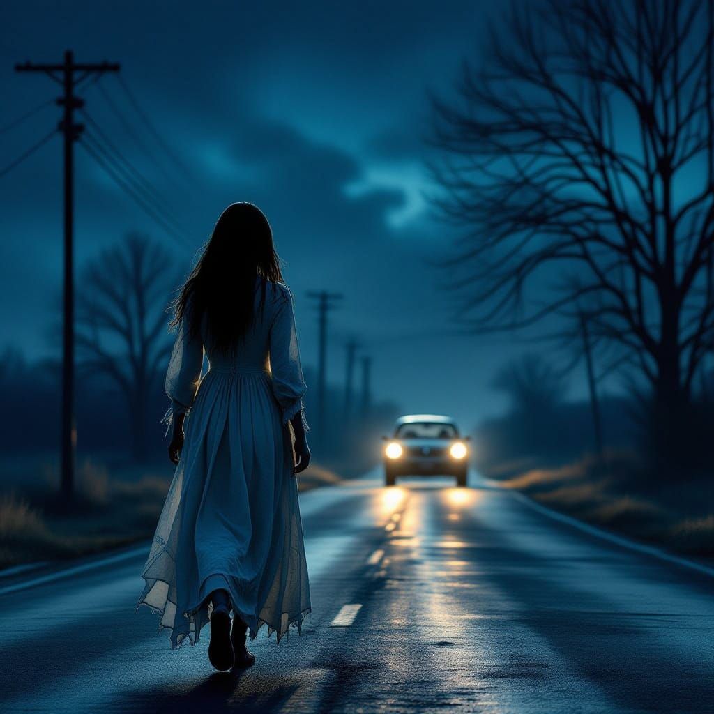 Ghostly Woman on Desolate Road at Night