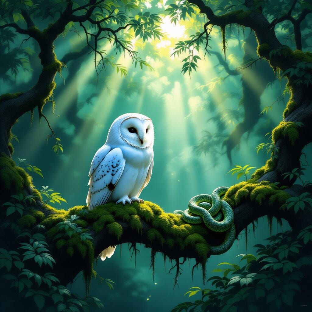 Snowy Owl on Branch in Sunlit Emerald Forest