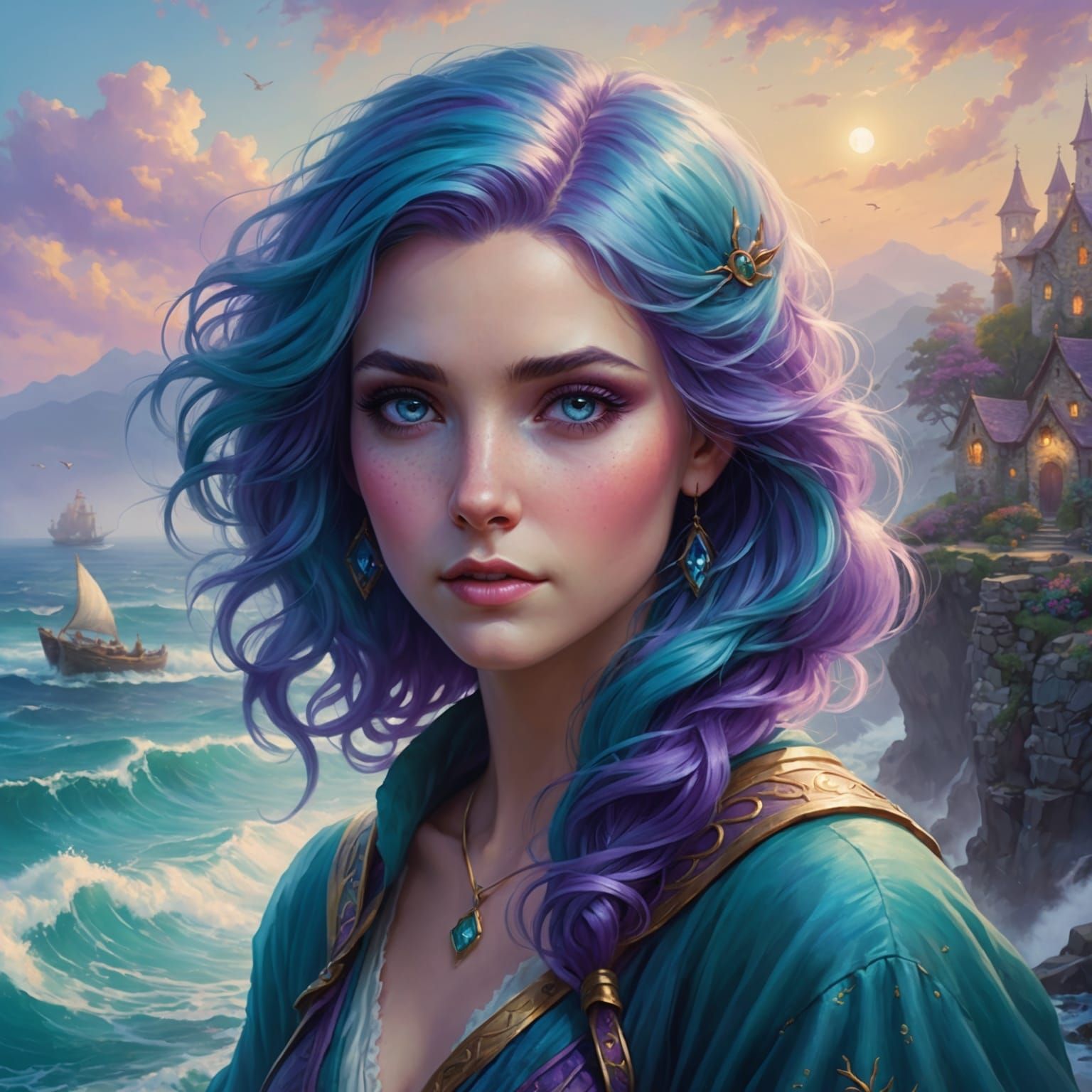 Ethereal Beauty: Female Character with Ocean Hair