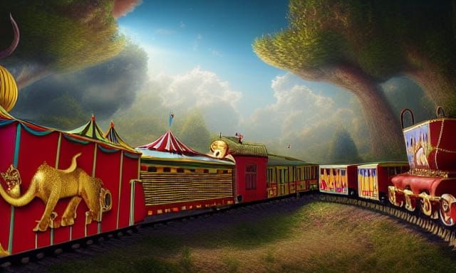 Circus Train Ascends Hill: 3D Digital Art