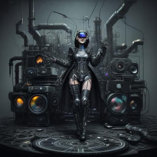 Cyberpunk Model with VR Goggles in Black and White