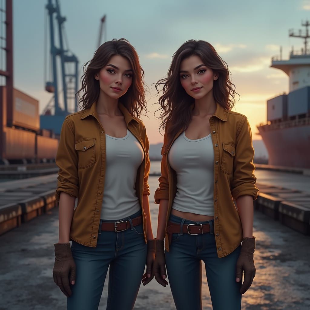 Two Women in Work Gear, Dockyard Dusk