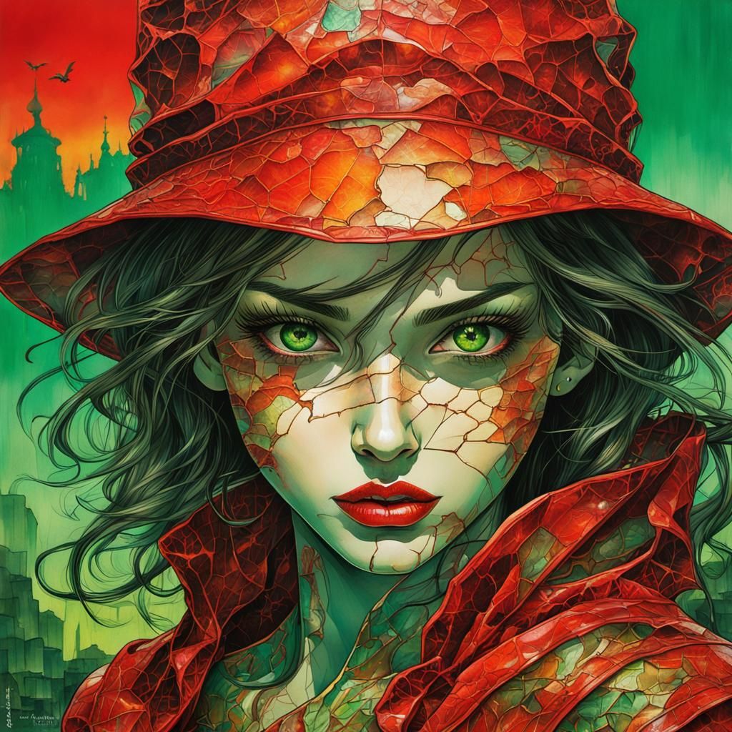 Confident Woman in Red: Ink and Double Exposure Art