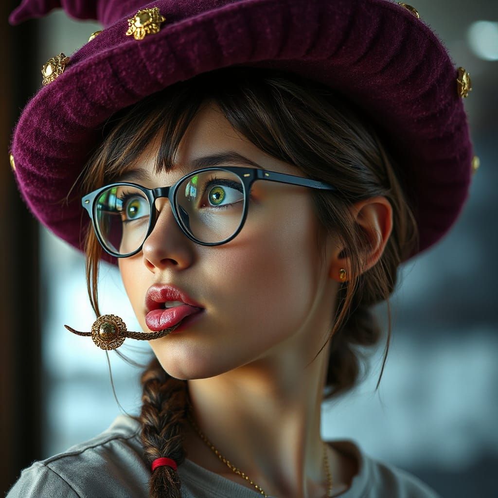 Surprised Girl in Fantasy Hat with Green Eyes