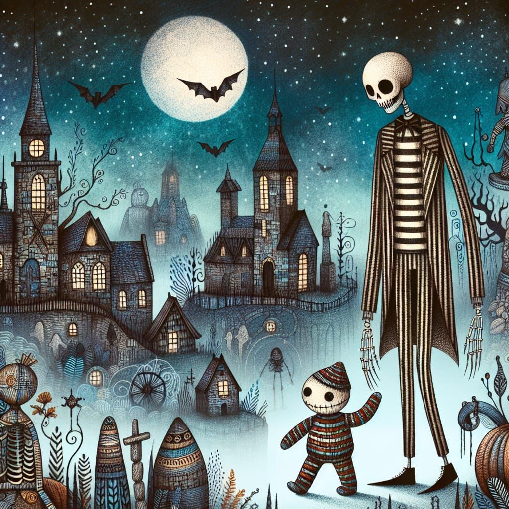 Surreal Halloween Town with Skeletal Figure