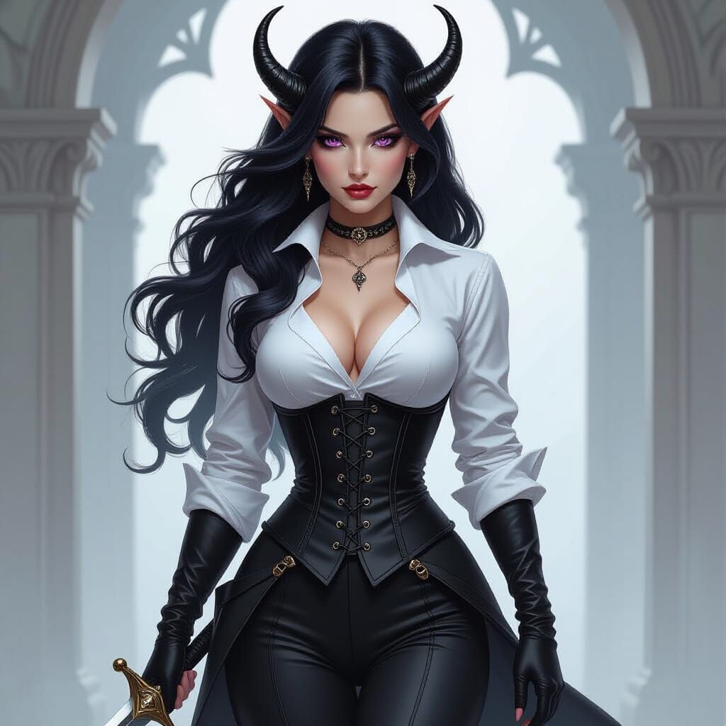 Tiefling Swordswoman in Neo-Noir Fantasy Style