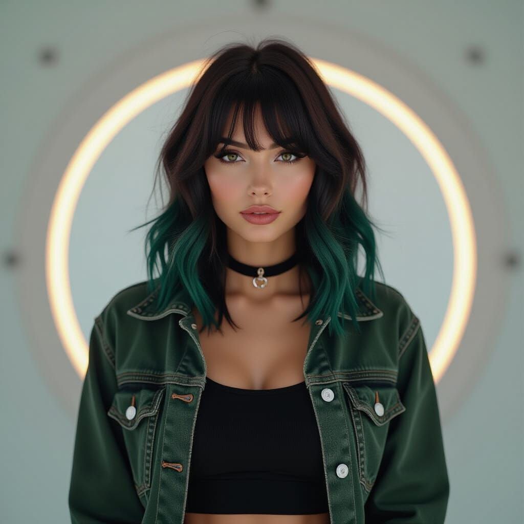 Cyberpunk Woman with Green Hair in Retro-Futuristic Scene