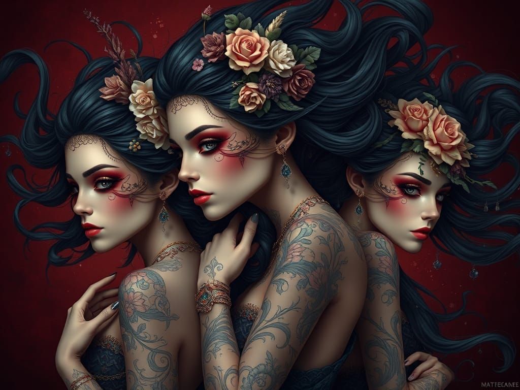 A striking portrait of three ethereal women with flowing dar...
