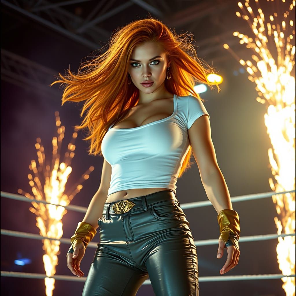 Seductive Wrestler in Neon Arena: Cinematic Film Still