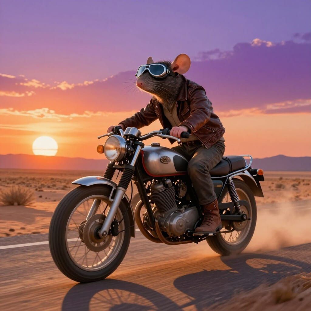 Rat Rider on Vintage Motorbike in Desert Sunset