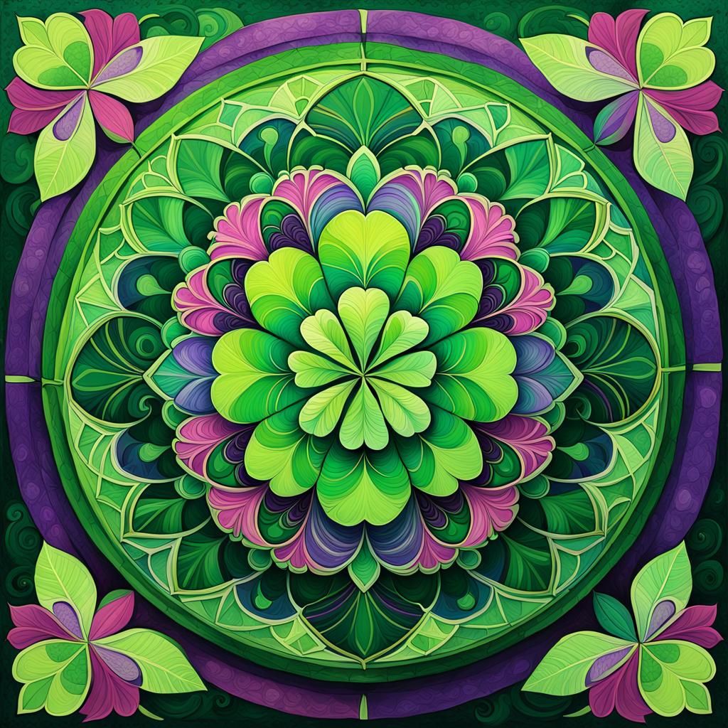 A four leaf, green clover inspired mandala with purple accents
