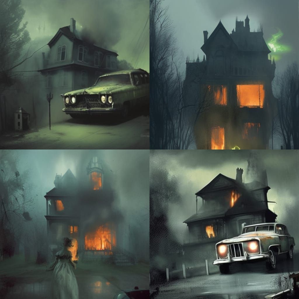 Sinister Haunted House with Old Car and Doll