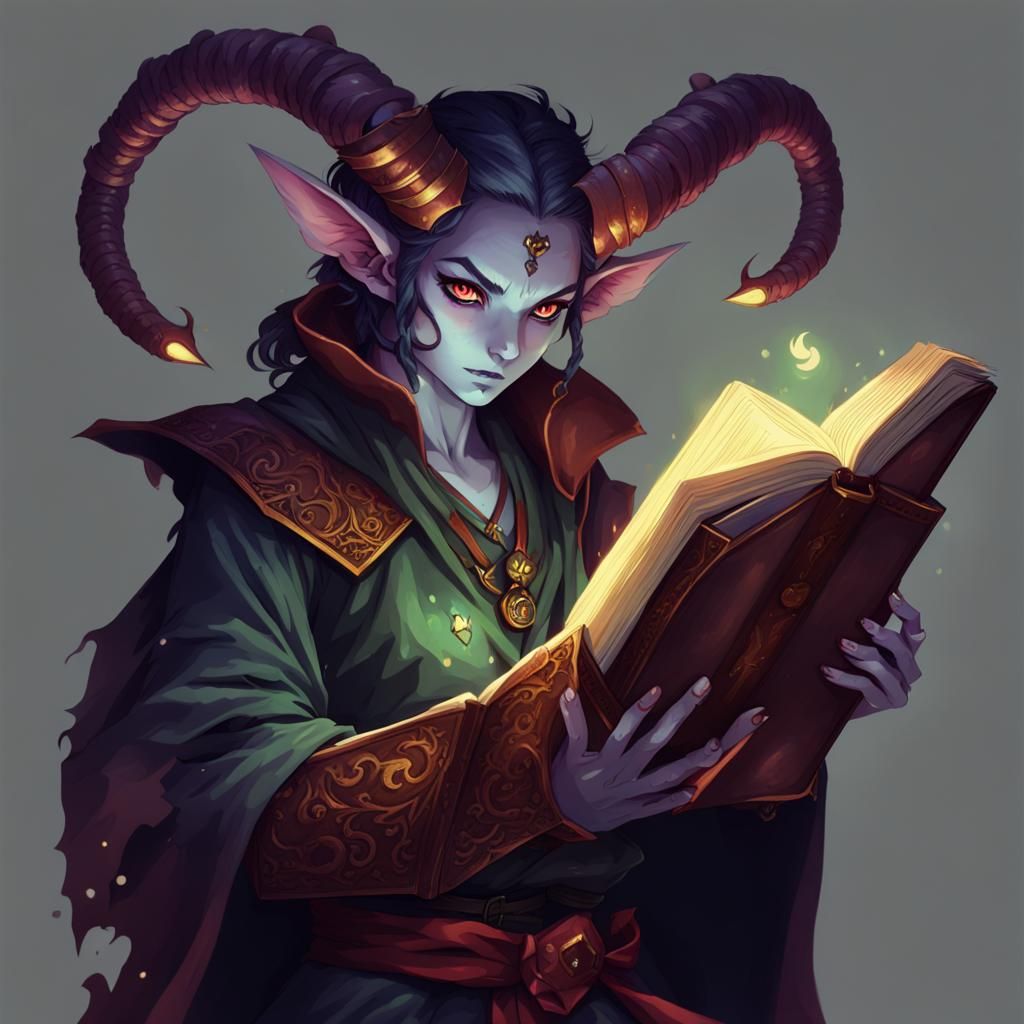 Anime Fantasy Tiefling Warlock Reading Tome