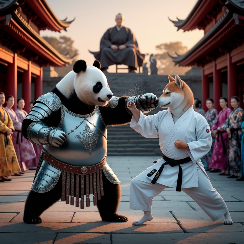 Panda Warrior Punches Shiba Inu in Ancient Ruins
