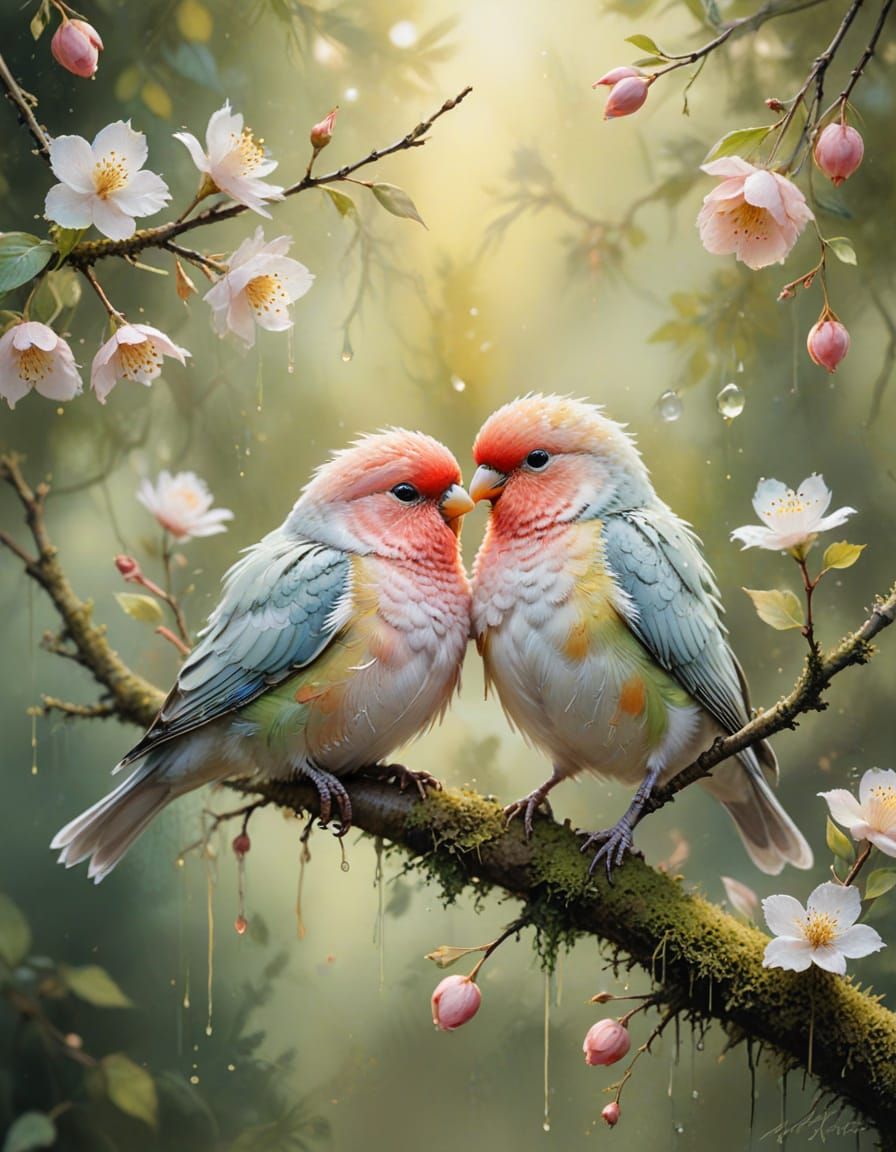 Pastel Lovebirds on Cherry Branch in Watercolor Garden