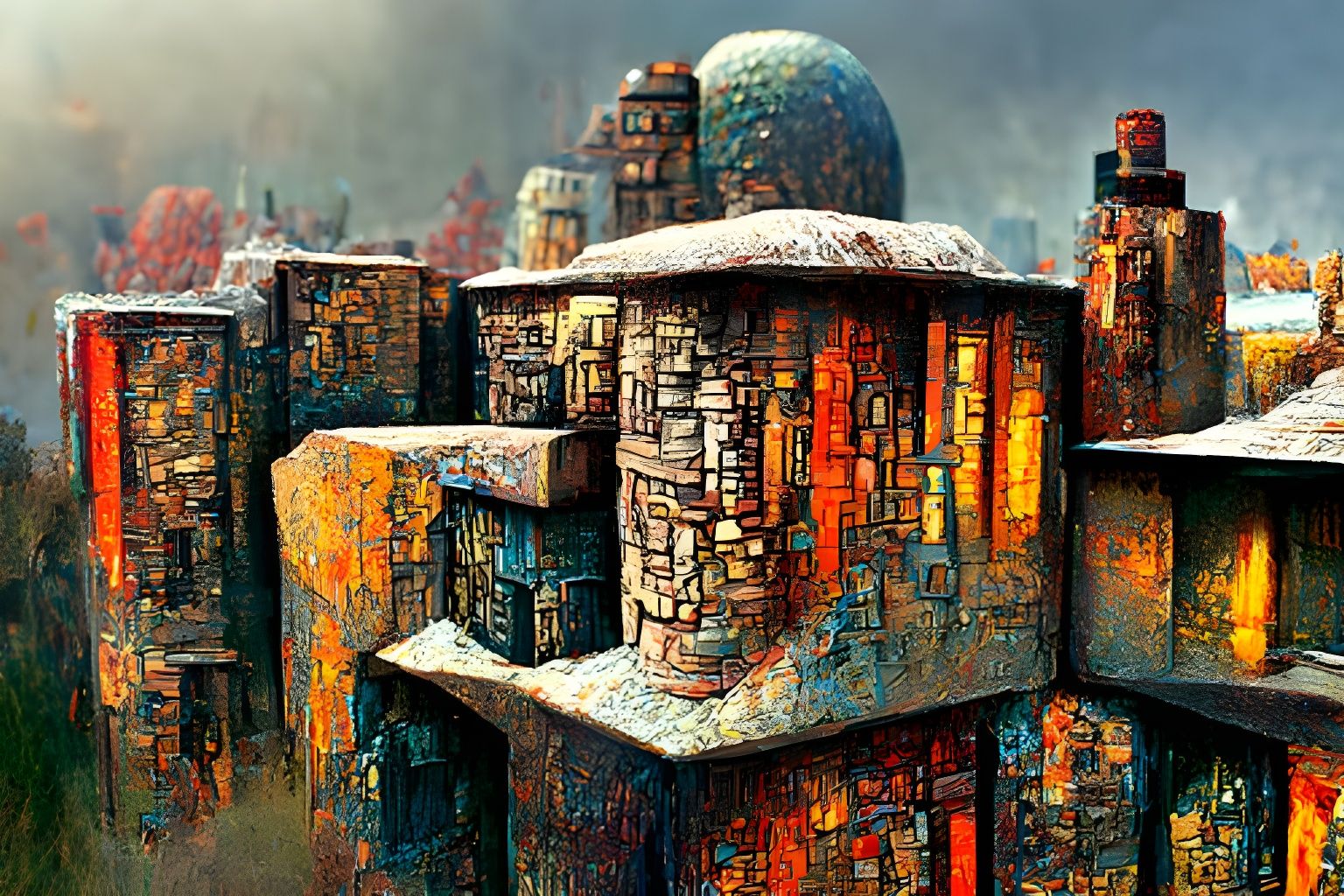 Architectural Stone Buildings in Geometric Digital Art