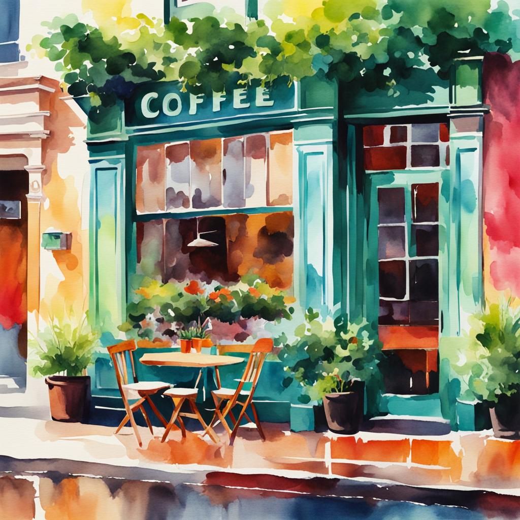 Colorful Coffee Shop Front in Watercolor Style