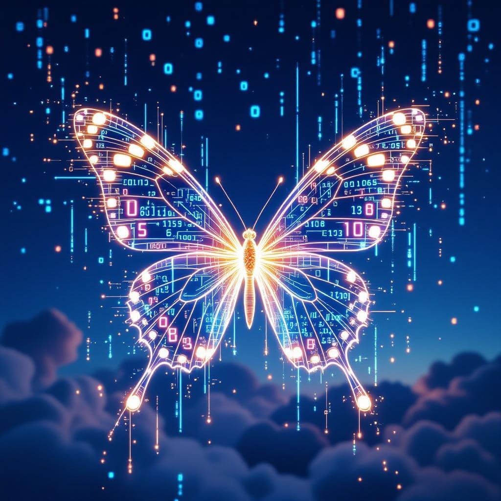 Cyber Butterfly With Glowing Code Wings in Pixel Sky