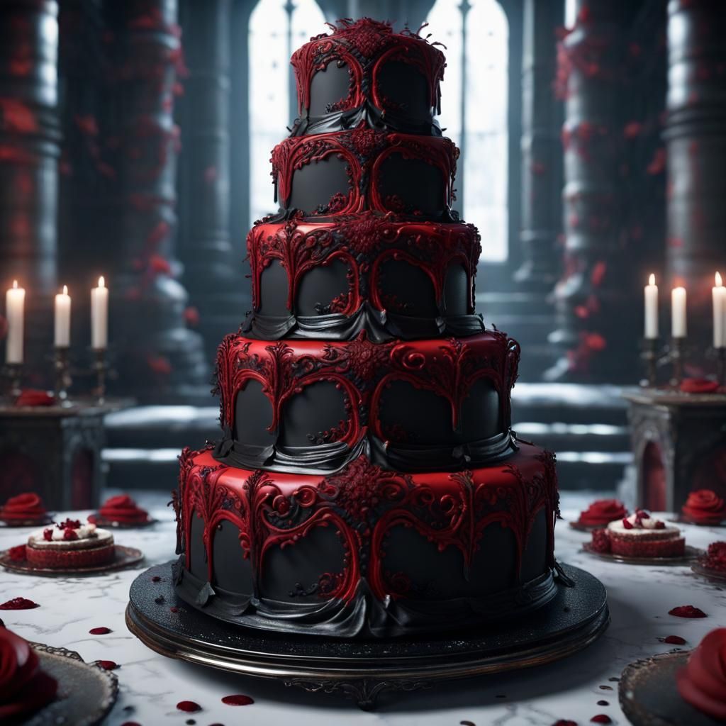 Beautiful Goth Wedding Cake, elaborate red and black icing