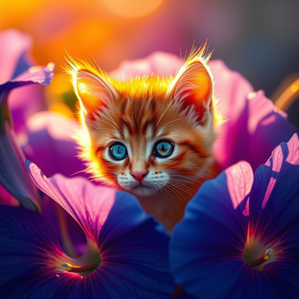 Orange Kitten in Blue Flower, Trending Artstation Style