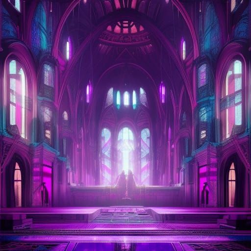 Cyberpunk Church Interior with Sapphire Apparitions
