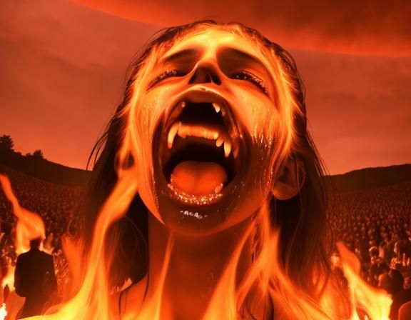 Lake of fire in Hell, with people weeping, and begging for water.  Center person weeping and gnashing of teeth, with inc...