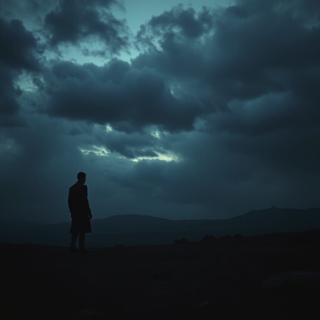 Solitary Figure in Desolate Landscape, Dark Surrealist Style
