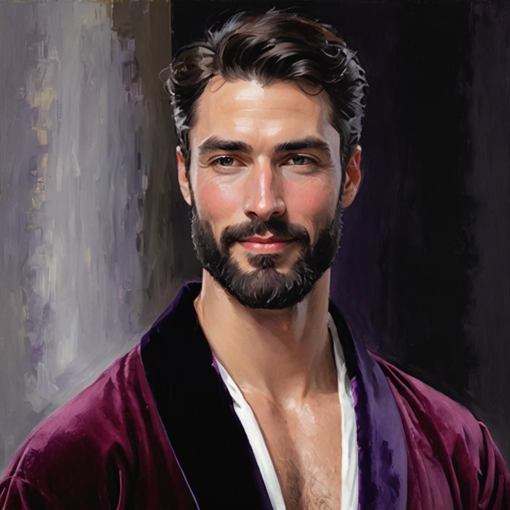 Smiling Man in Purple Velvet Bathrobe as Oil Painting
