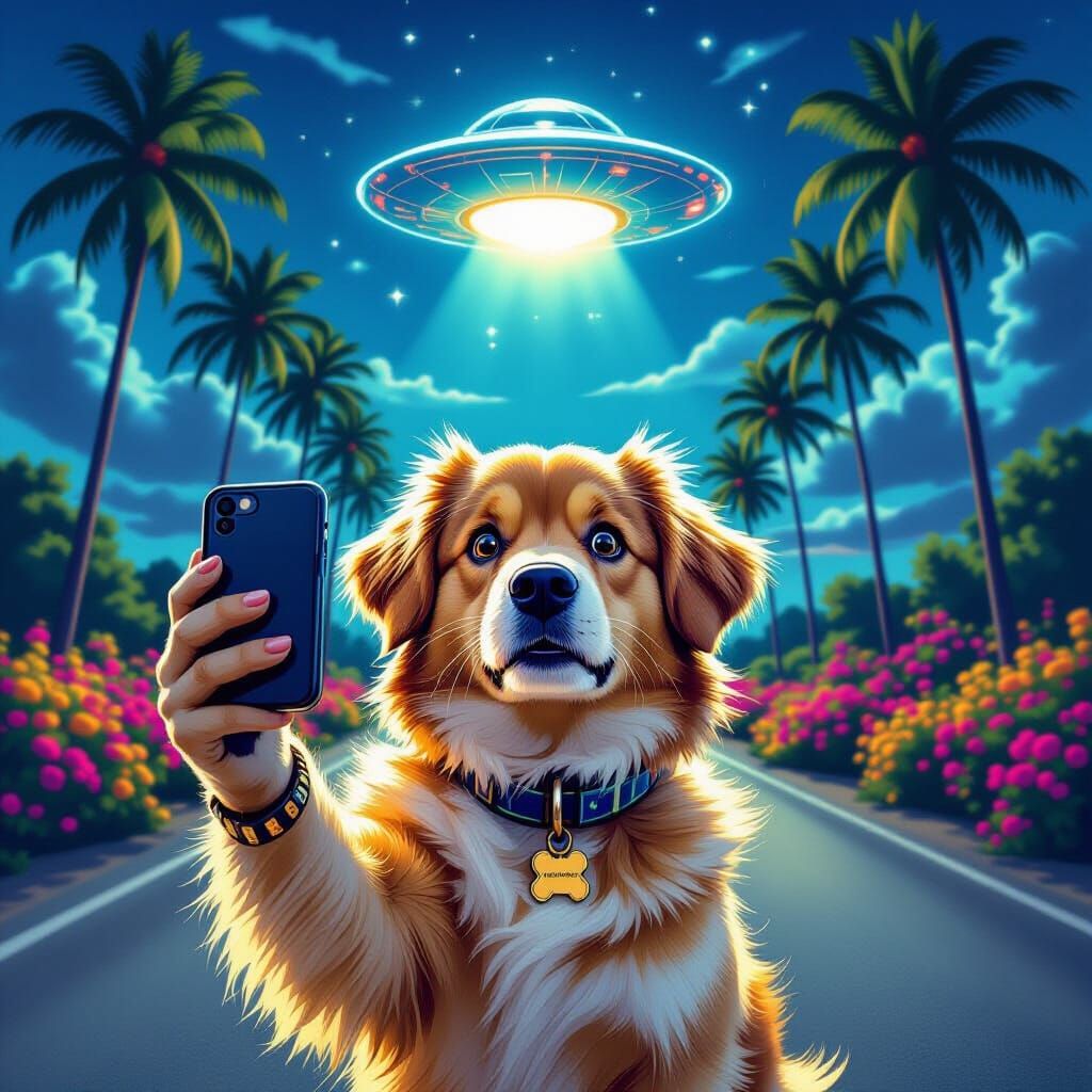Scared Golden Dog Selfie with UFO in Surreal Style