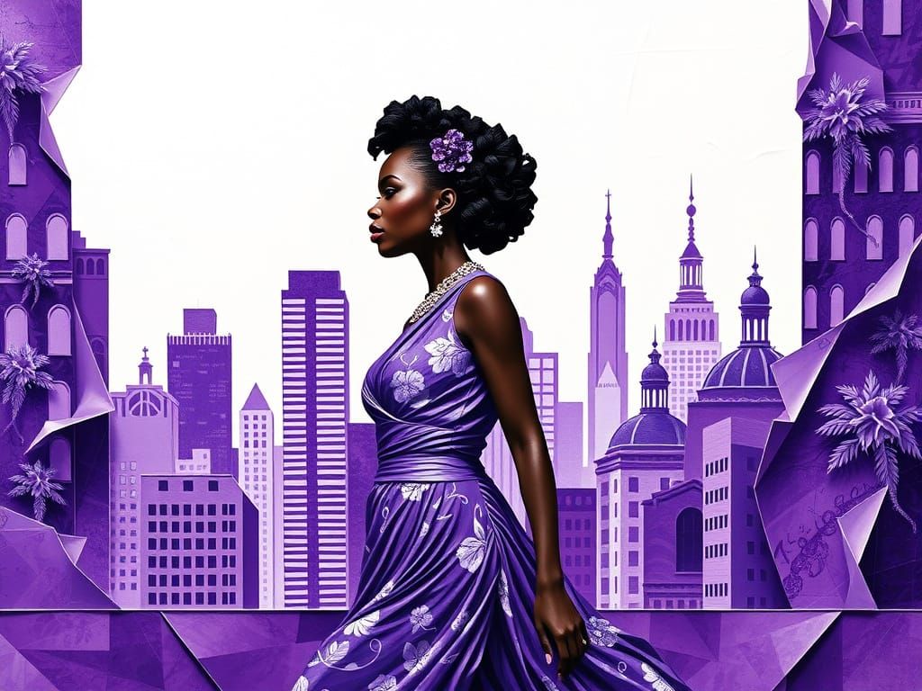 Elegant Woman Walks Through Vibrant Cityscape as Impasto Pai...