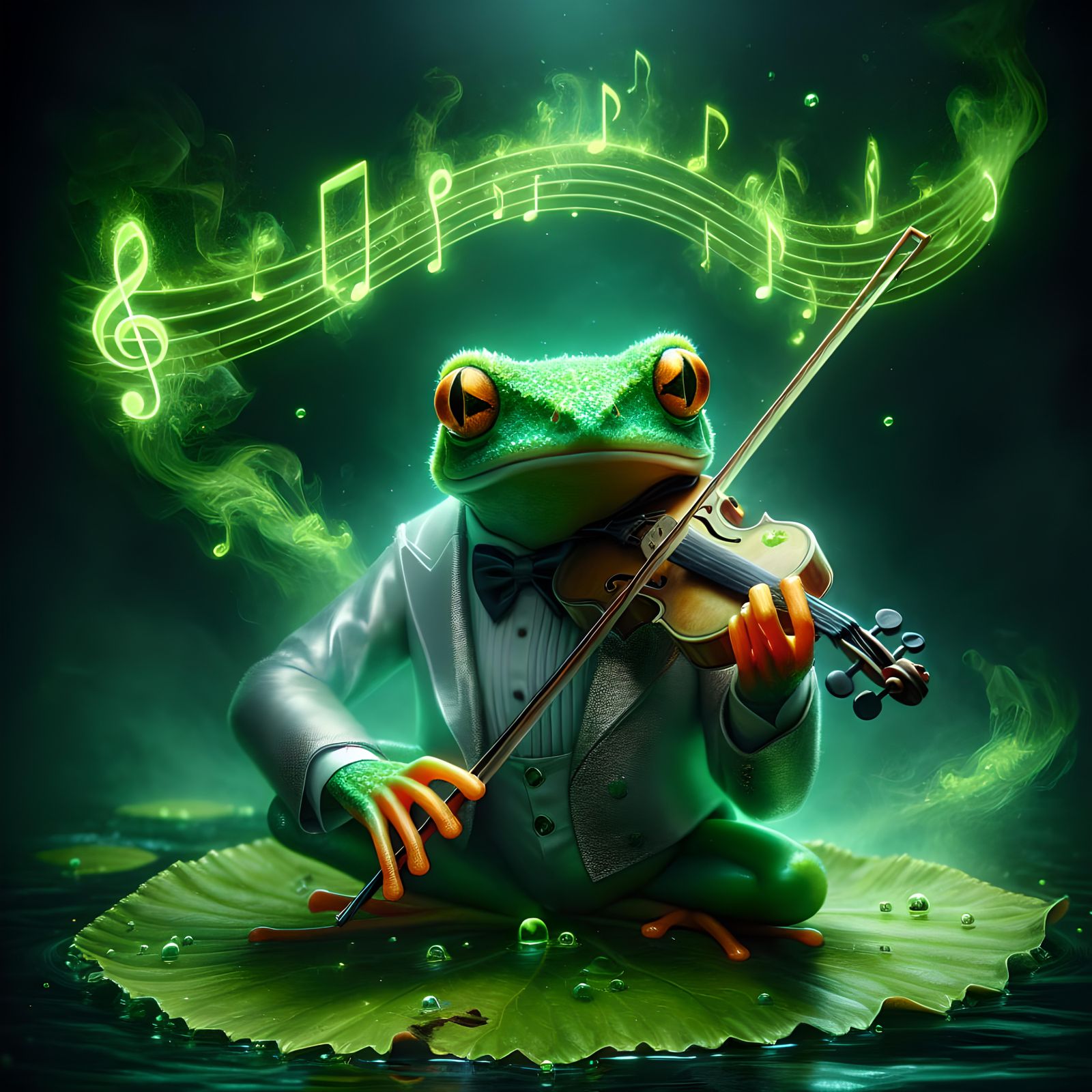 Enchanting Frog Plays Violin in Pond: Digital Art
