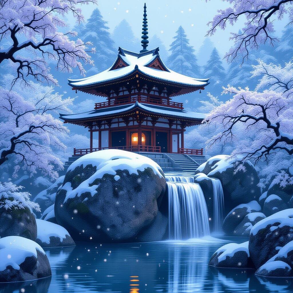 Serene Japanese Temple in Winter Waterfall Scene