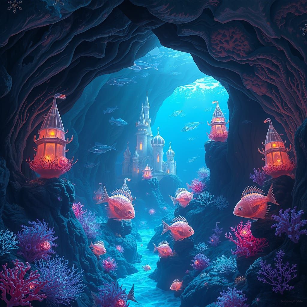 A serene underwater grotto illuminated by bioluminescent flo...